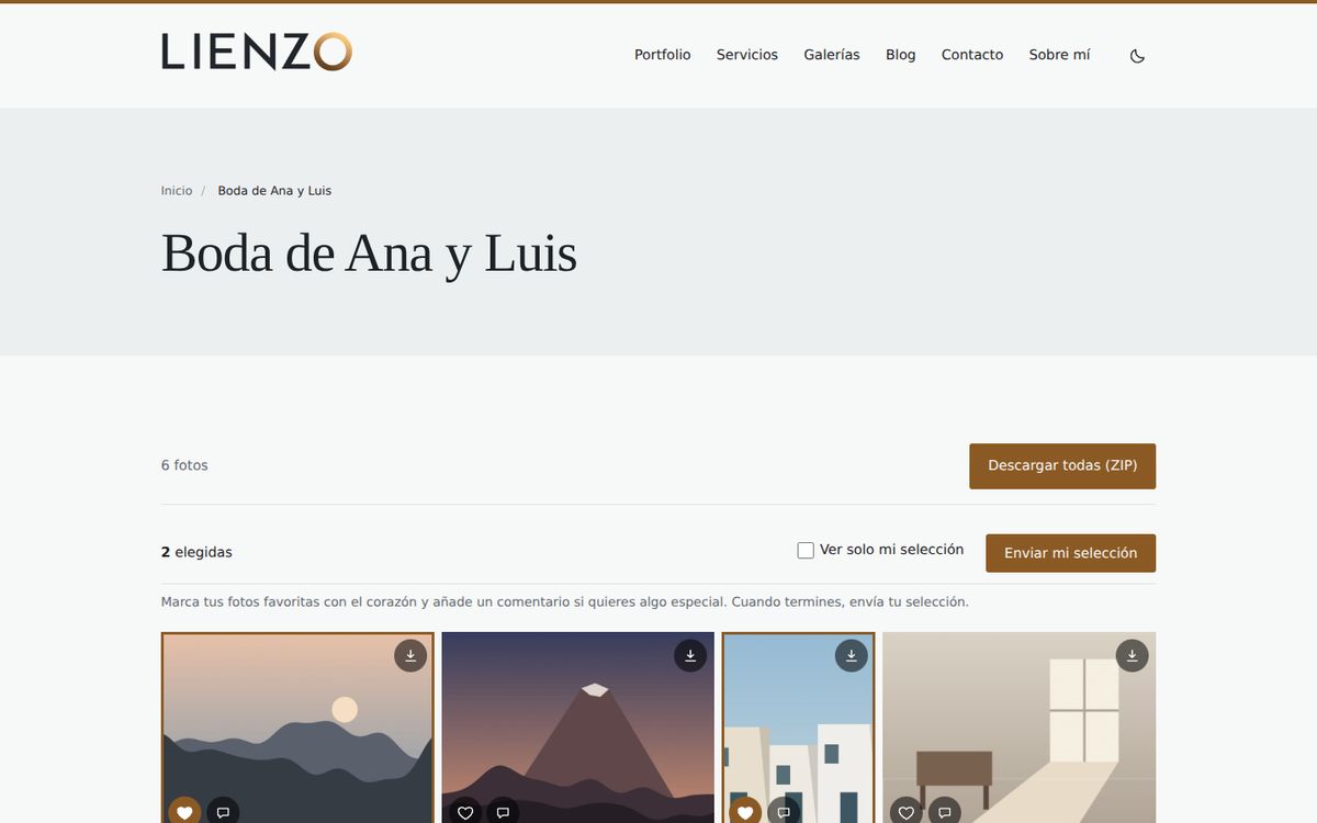 Galería privada vista por el cliente, con dos fotos marcadas como favoritas y el botón para enviar la selección