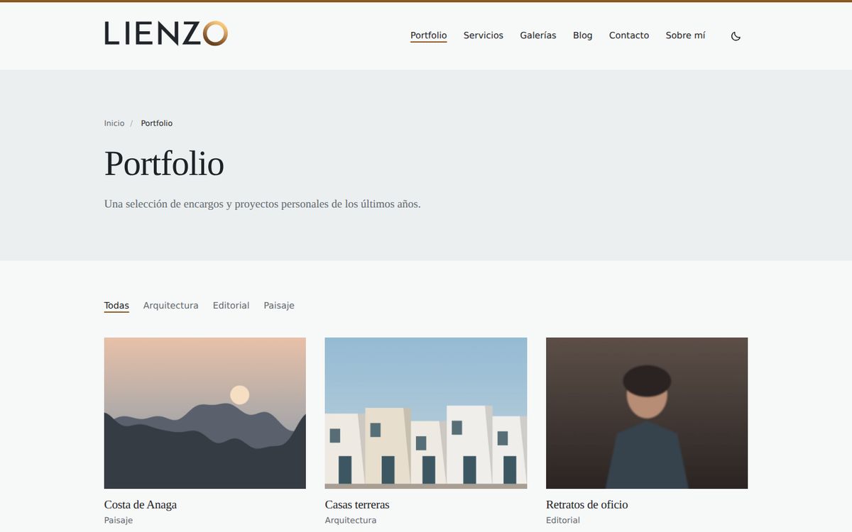 Página de portfolio de Lienzo con los proyectos filtrados por categoría